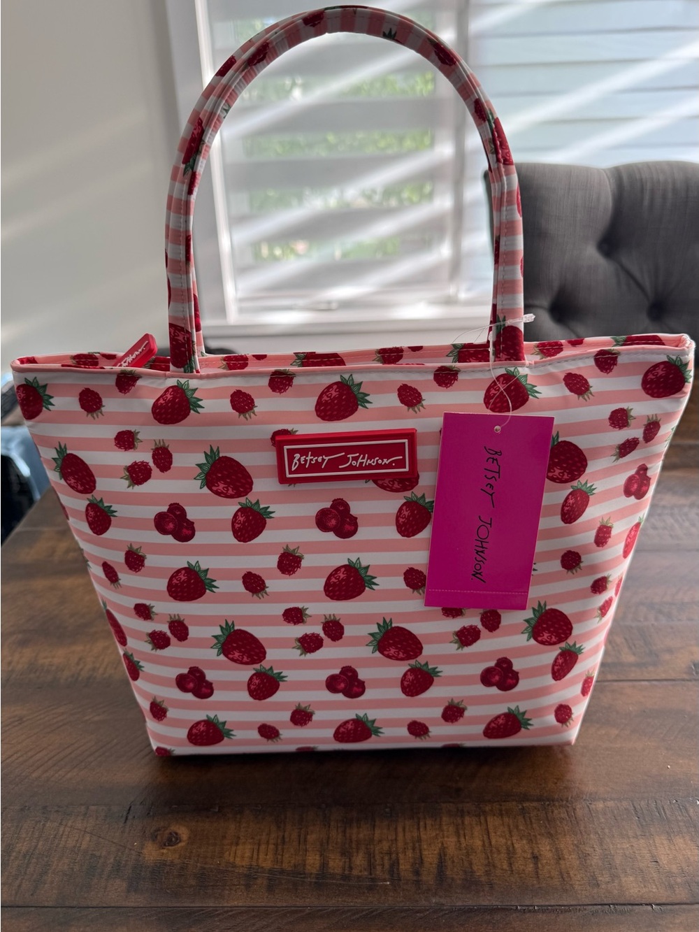 NWT - Betsey Johnson Pink & Red Strawberry Stripe Insulated Lunch Bag